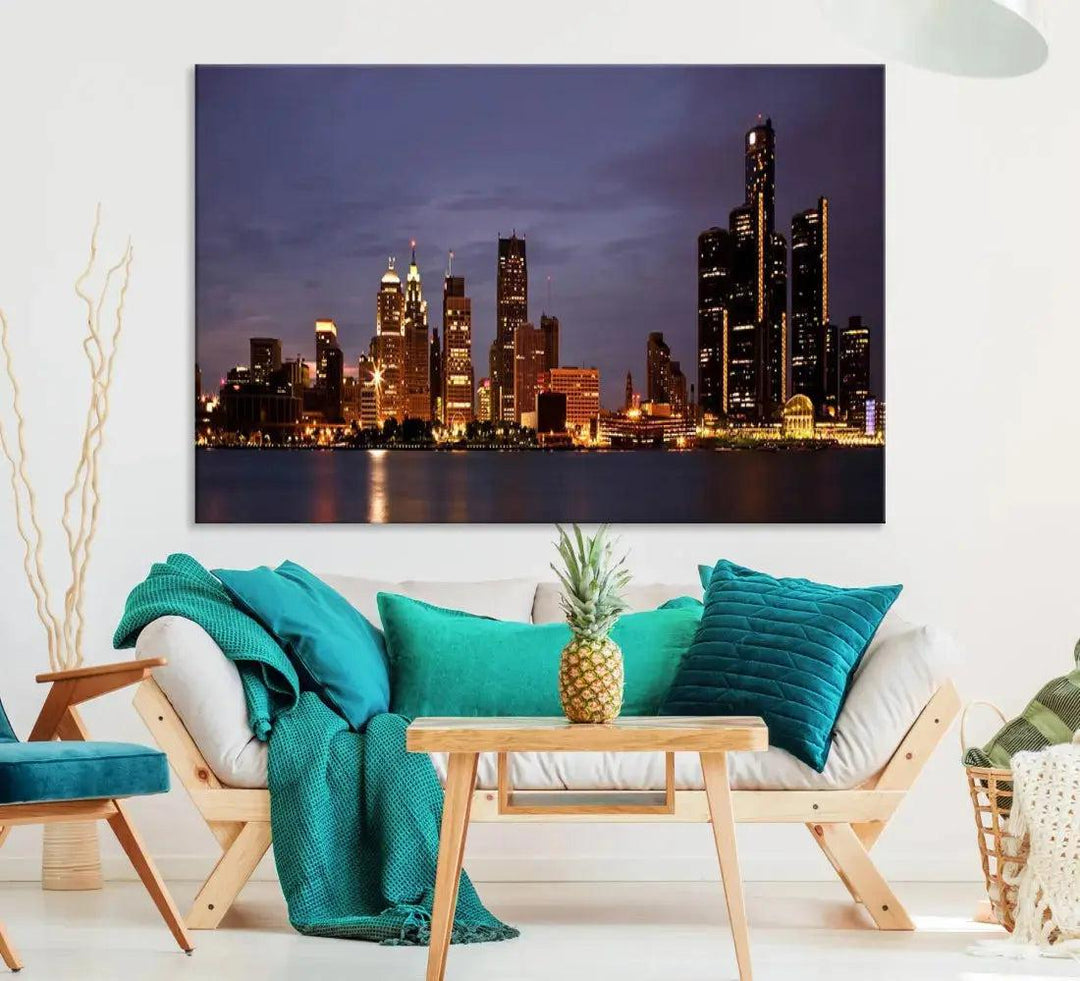 Beautiful Detroit Night Skyline Framed Large Wall Art Canvas Print