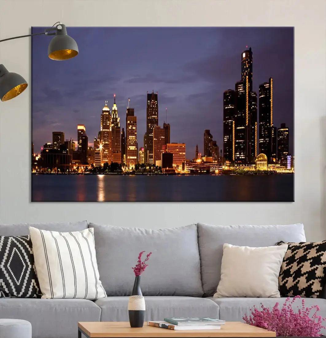 Beautiful Detroit Night Skyline Framed Large Wall Art Canvas Print