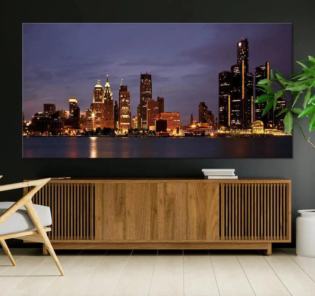 Beautiful Detroit Night Skyline Framed Large Wall Art Canvas Print