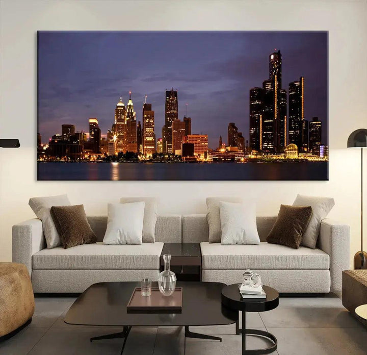 Beautiful Detroit Night Skyline Framed Large Wall Art Canvas Print