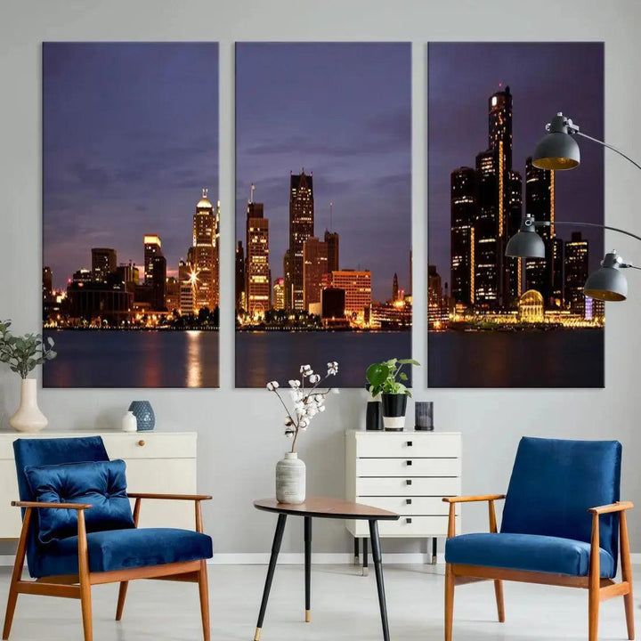 Beautiful Detroit Night Skyline Framed Large Wall Art Canvas Print