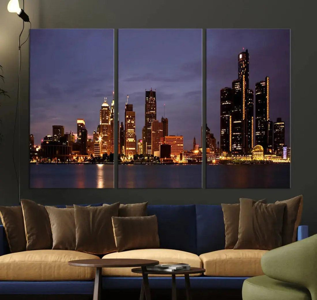 Beautiful Detroit Night Skyline Framed Large Wall Art Canvas Print