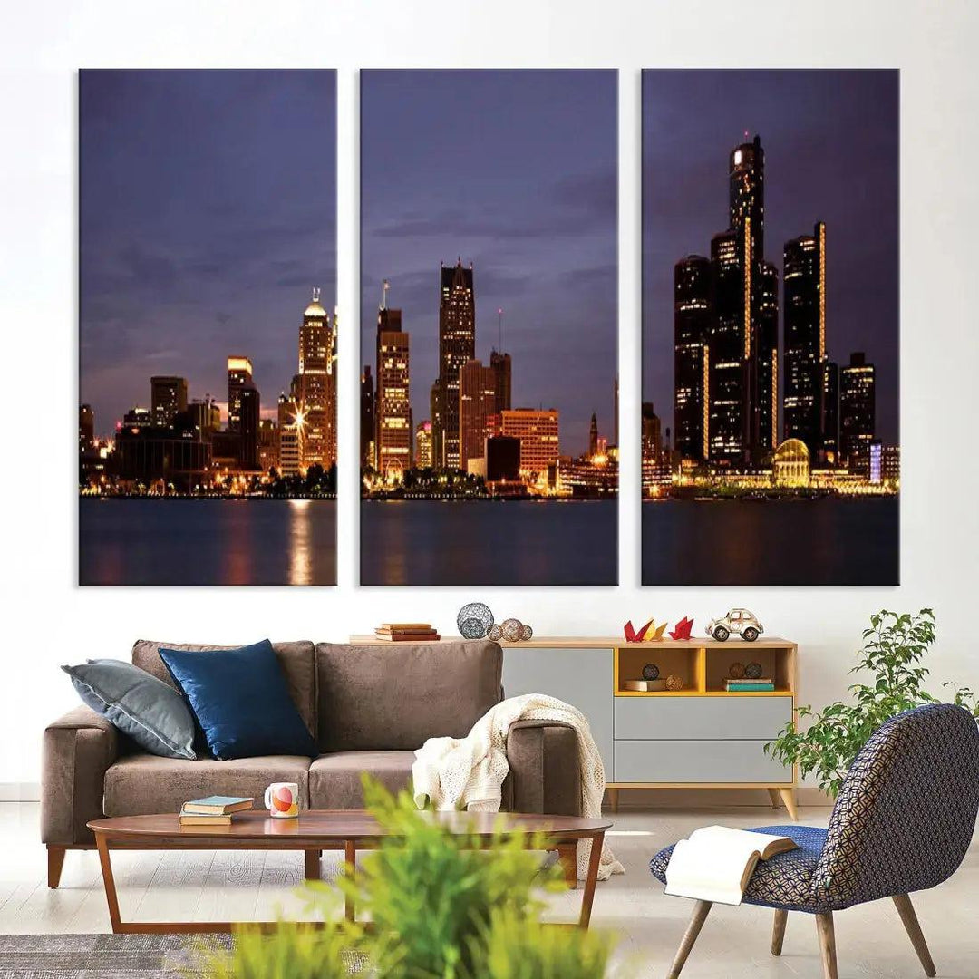 Beautiful Detroit Night Skyline Framed Large Wall Art Canvas Print