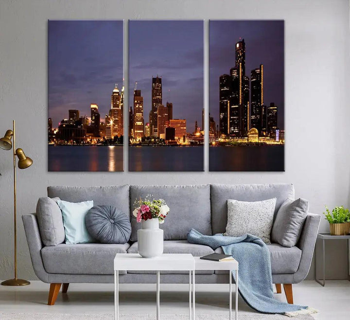 Beautiful Detroit Night Skyline Framed Large Wall Art Canvas Print