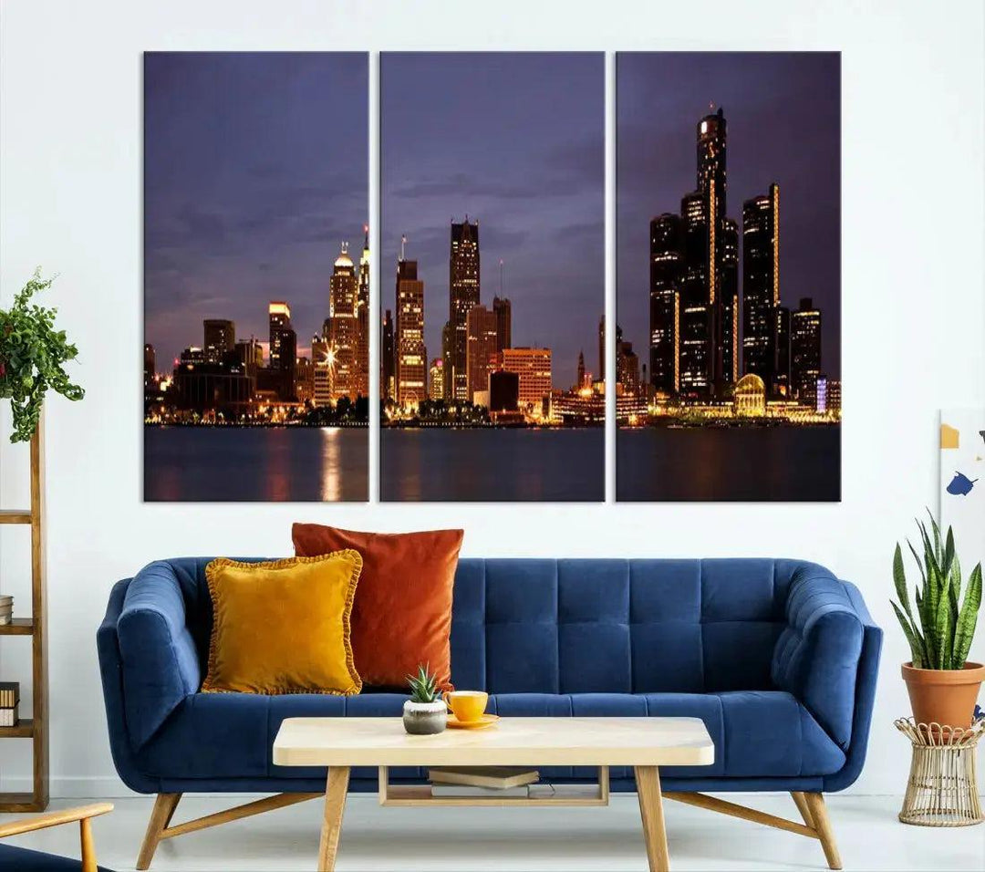 Beautiful Detroit Night Skyline Framed Large Wall Art Canvas Print