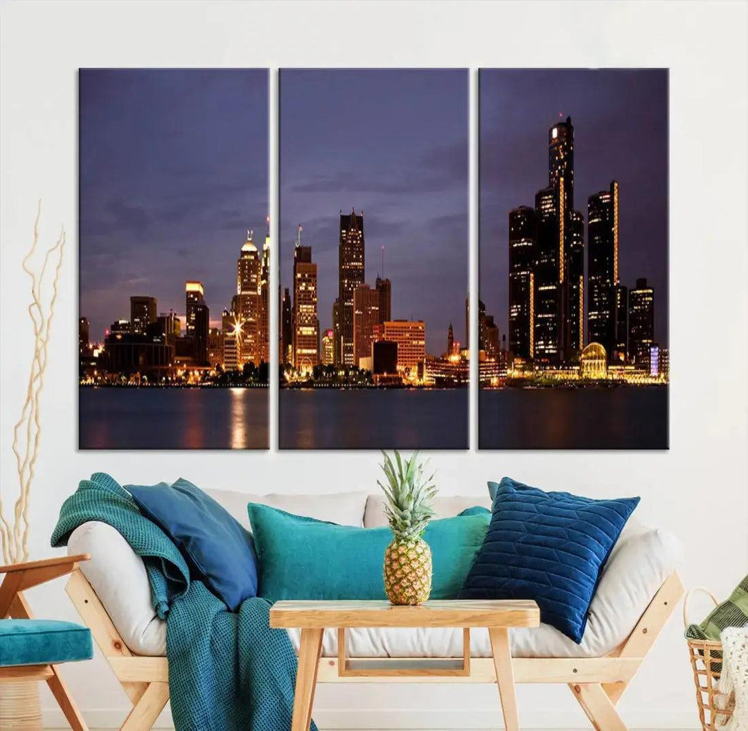 Beautiful Detroit Night Skyline Framed Large Wall Art Canvas Print