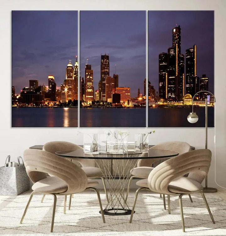 Beautiful Detroit Night Skyline Framed Large Wall Art Canvas Print