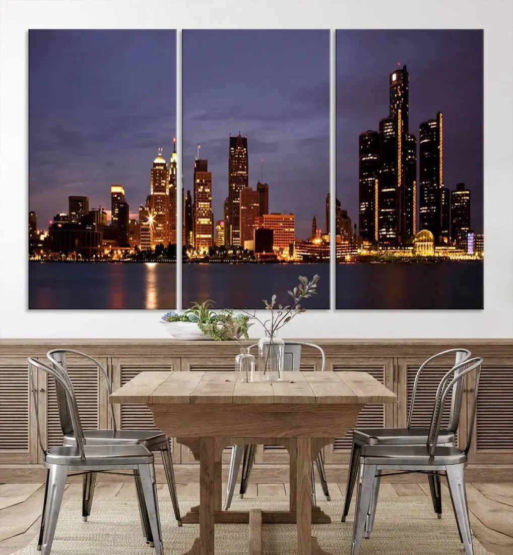 Beautiful Detroit Night Skyline Framed Large Wall Art Canvas Print