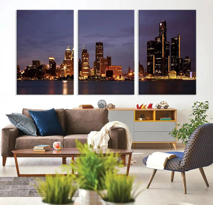 Beautiful Detroit Night Skyline Framed Large Wall Art Canvas Print