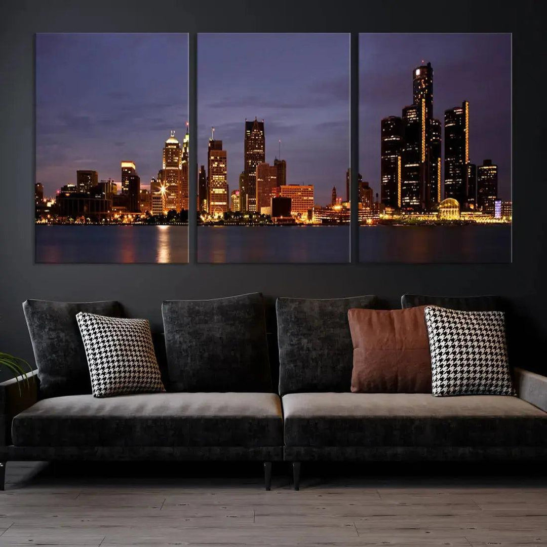 Beautiful Detroit Night Skyline Framed Large Wall Art Canvas Print