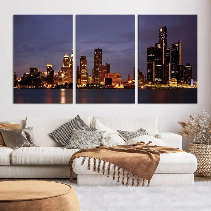 Beautiful Detroit Night Skyline Framed Large Wall Art Canvas Print