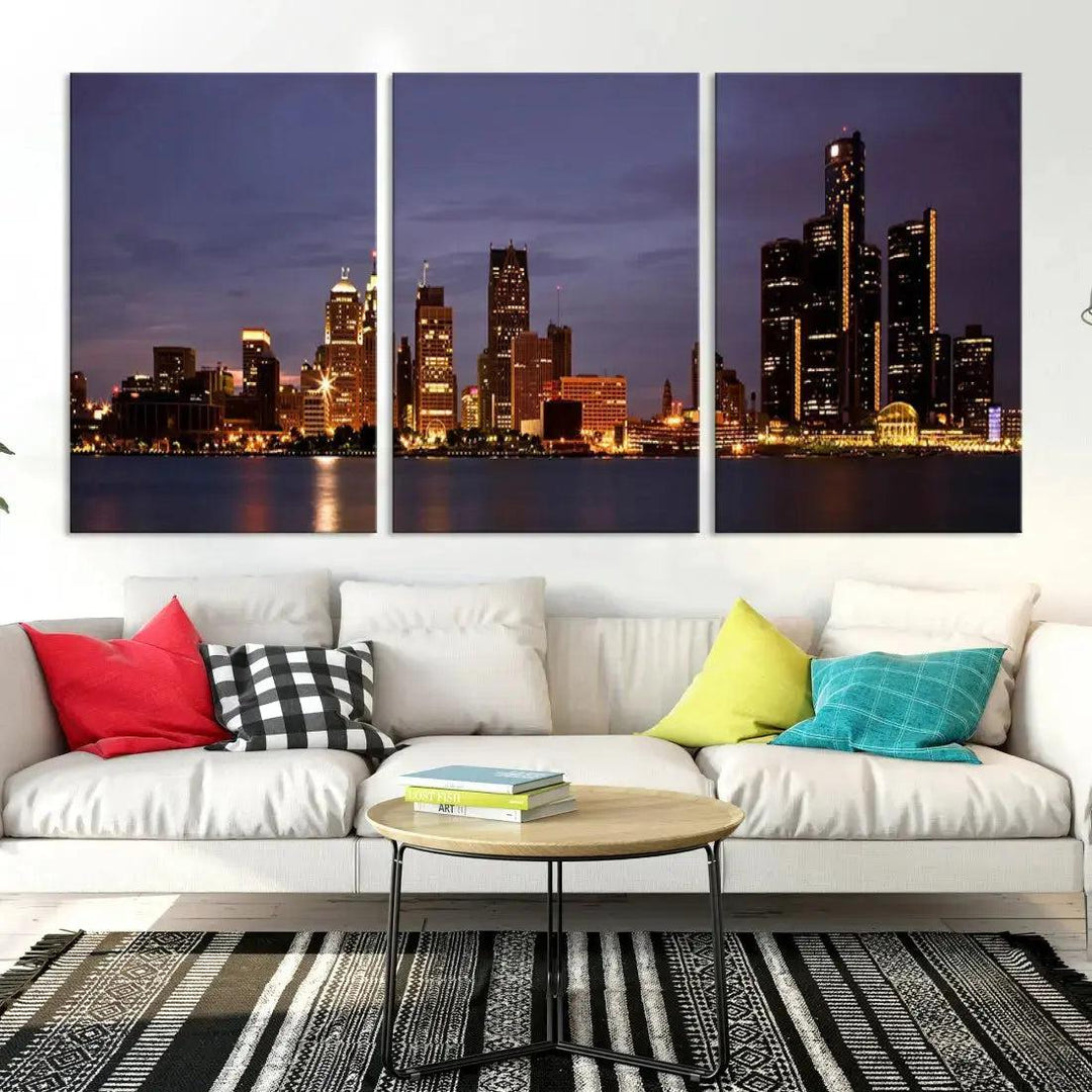 Beautiful Detroit Night Skyline Framed Large Wall Art Canvas Print