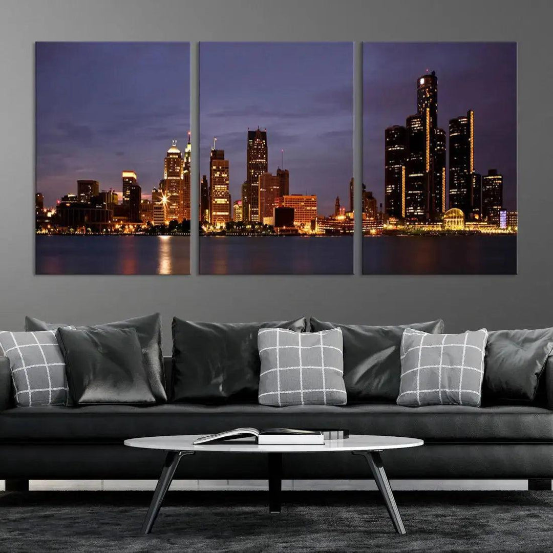 Beautiful Detroit Night Skyline Framed Large Wall Art Canvas Print