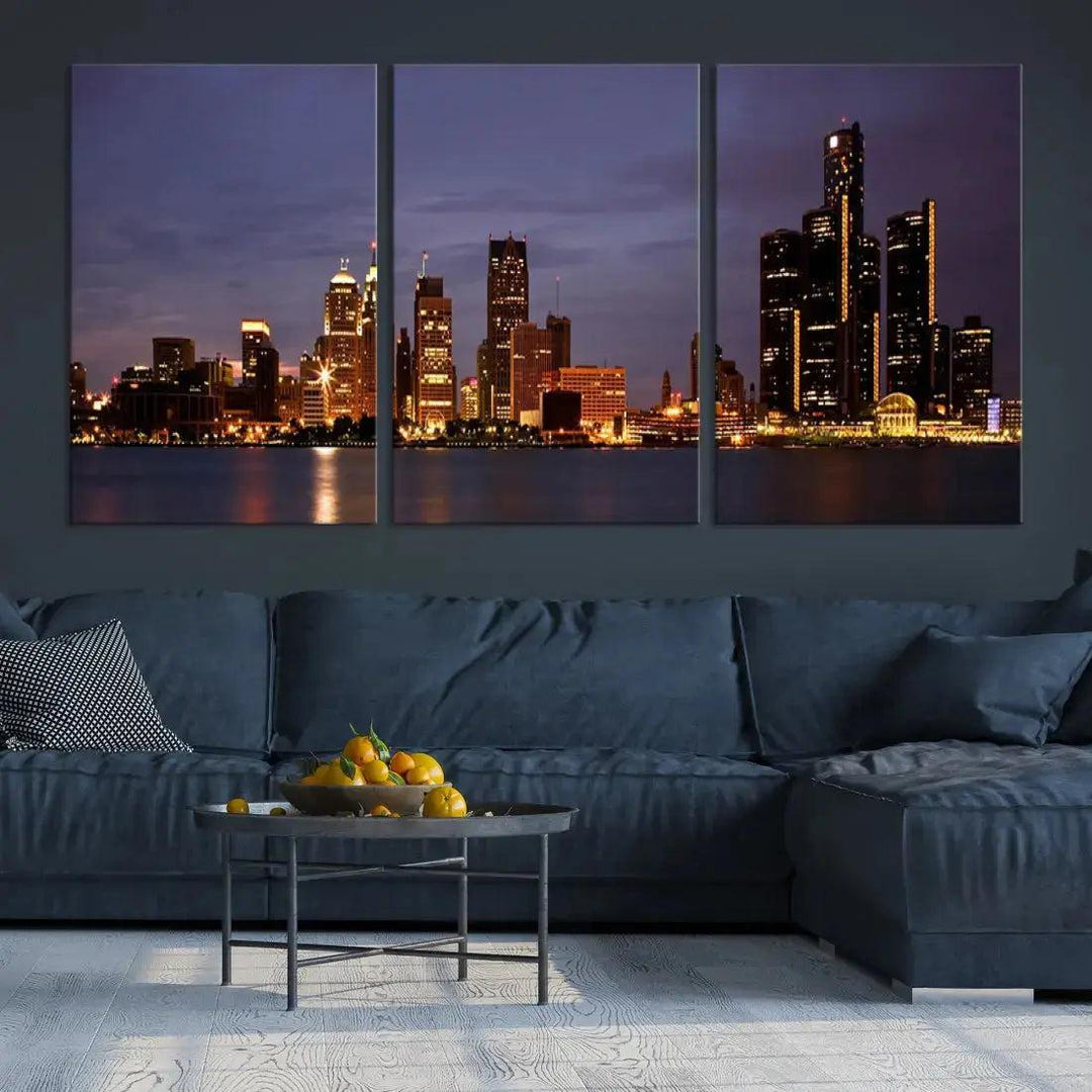 Beautiful Detroit Night Skyline Framed Large Wall Art Canvas Print