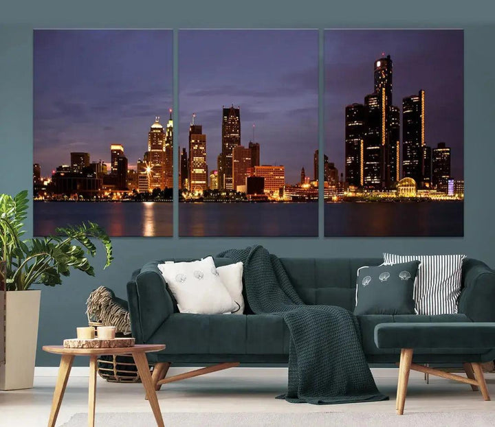 Beautiful Detroit Night Skyline Framed Large Wall Art Canvas Print