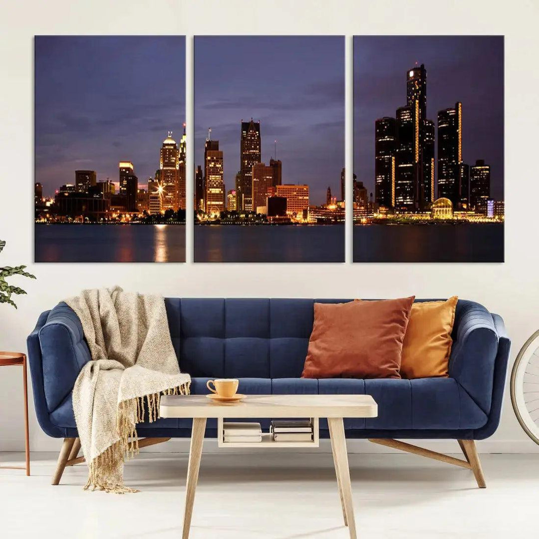 Beautiful Detroit Night Skyline Framed Large Wall Art Canvas Print