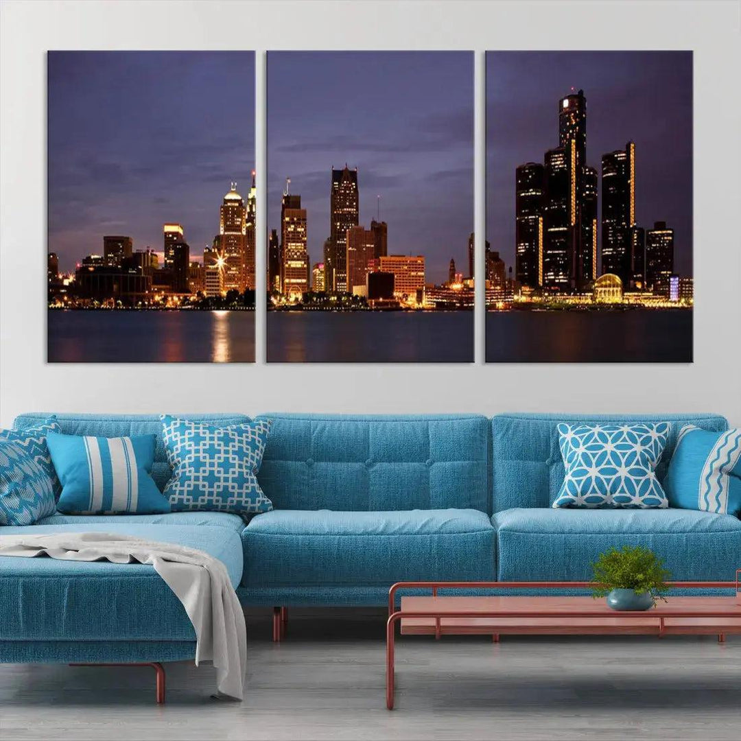 Beautiful Detroit Night Skyline Framed Large Wall Art Canvas Print