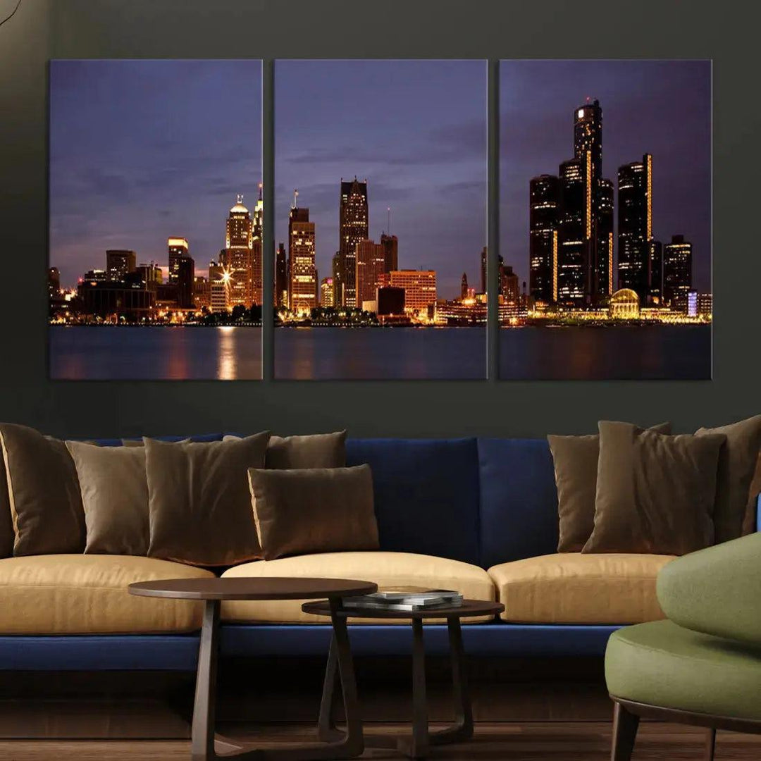 Beautiful Detroit Night Skyline Framed Large Wall Art Canvas Print