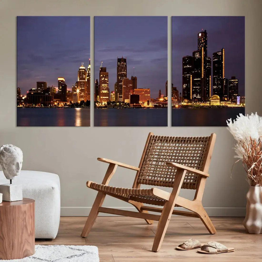 Beautiful Detroit Night Skyline Framed Large Wall Art Canvas Print