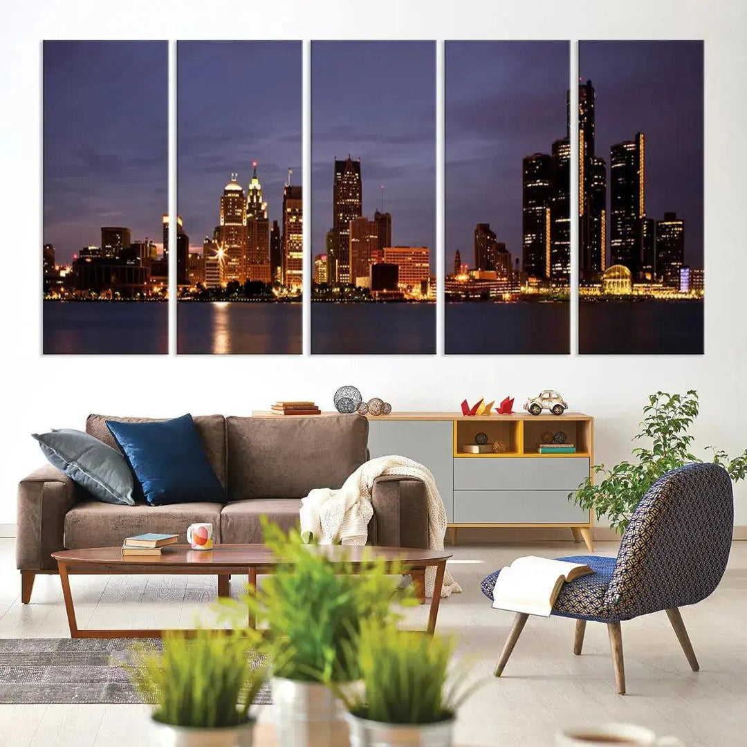 Beautiful Detroit Night Skyline Framed Large Wall Art Canvas Print