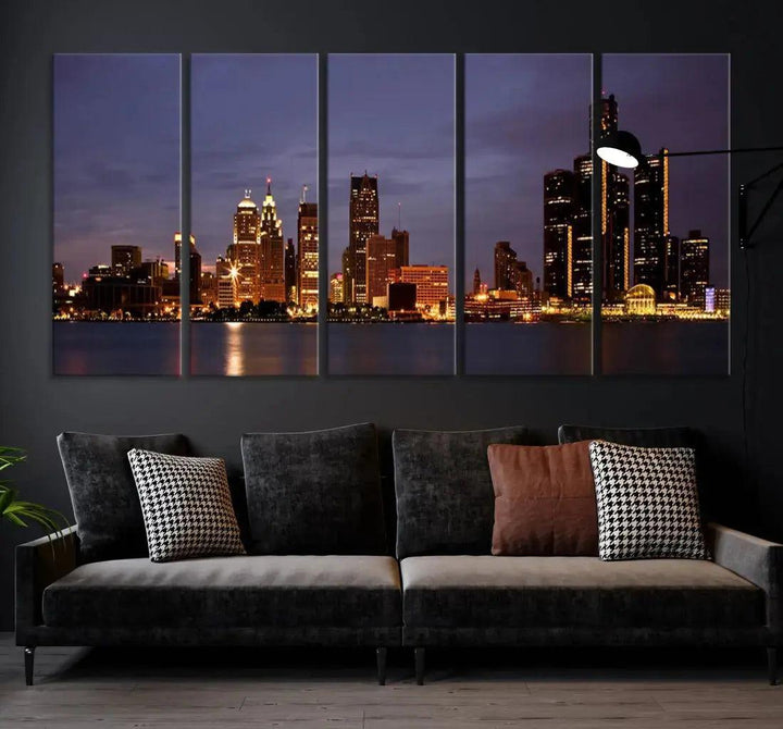 Beautiful Detroit Night Skyline Framed Large Wall Art Canvas Print