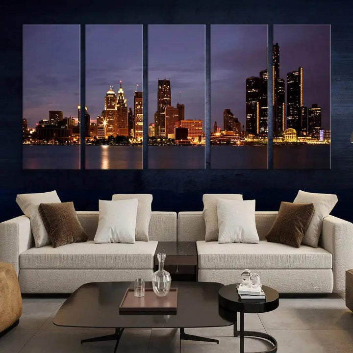 Beautiful Detroit Night Skyline Framed Large Wall Art Canvas Print