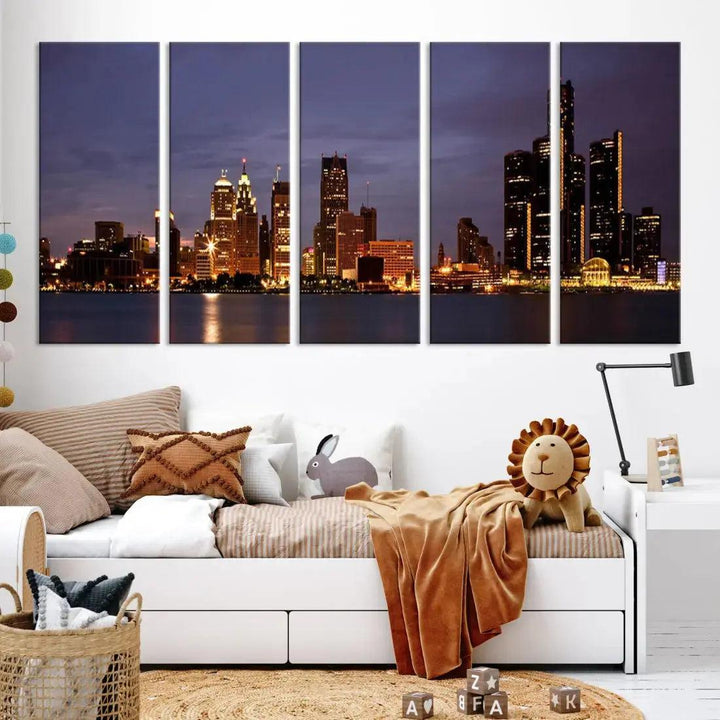 Beautiful Detroit Night Skyline Framed Large Wall Art Canvas Print