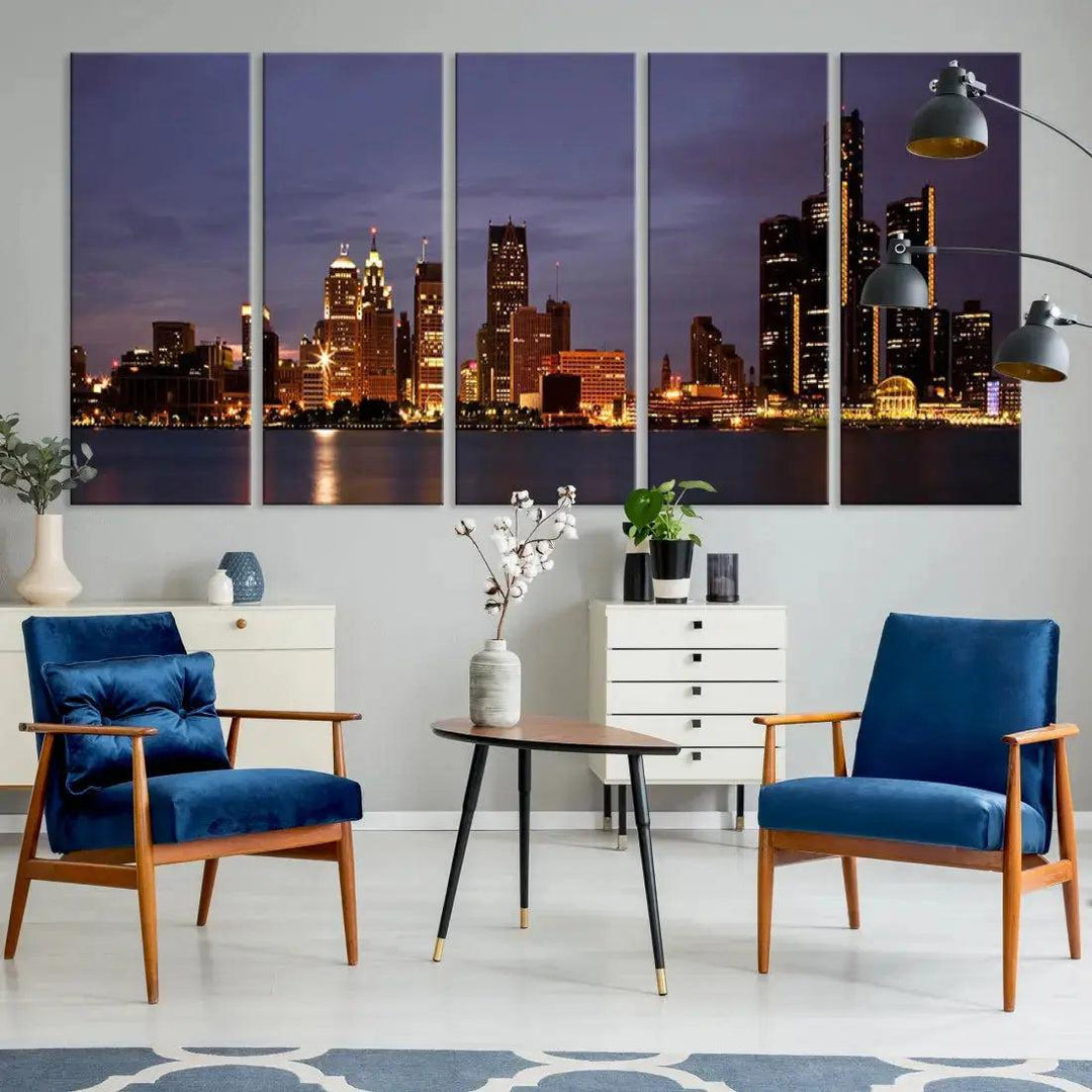 Beautiful Detroit Night Skyline Framed Large Wall Art Canvas Print