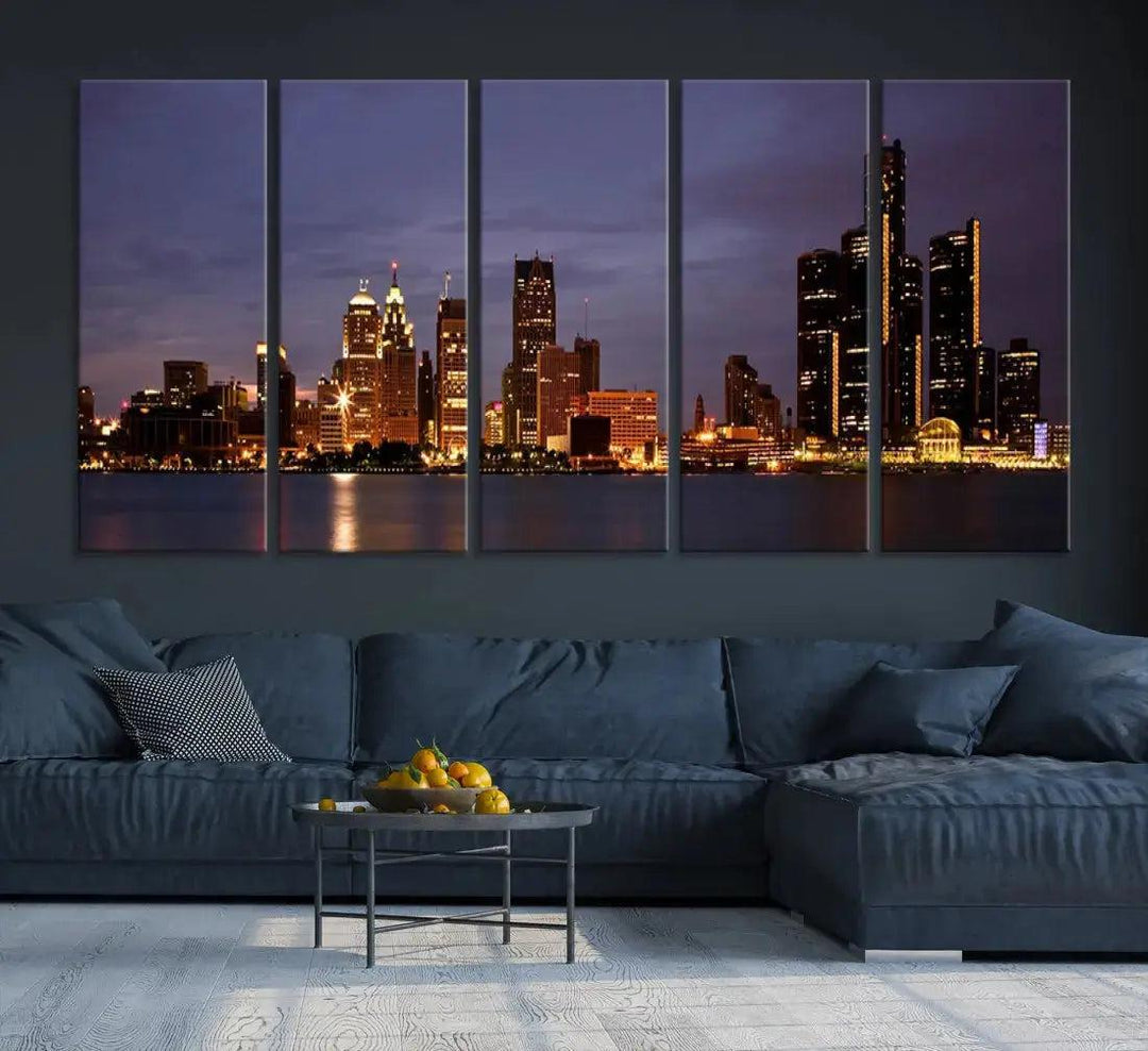 Beautiful Detroit Night Skyline Framed Large Wall Art Canvas Print