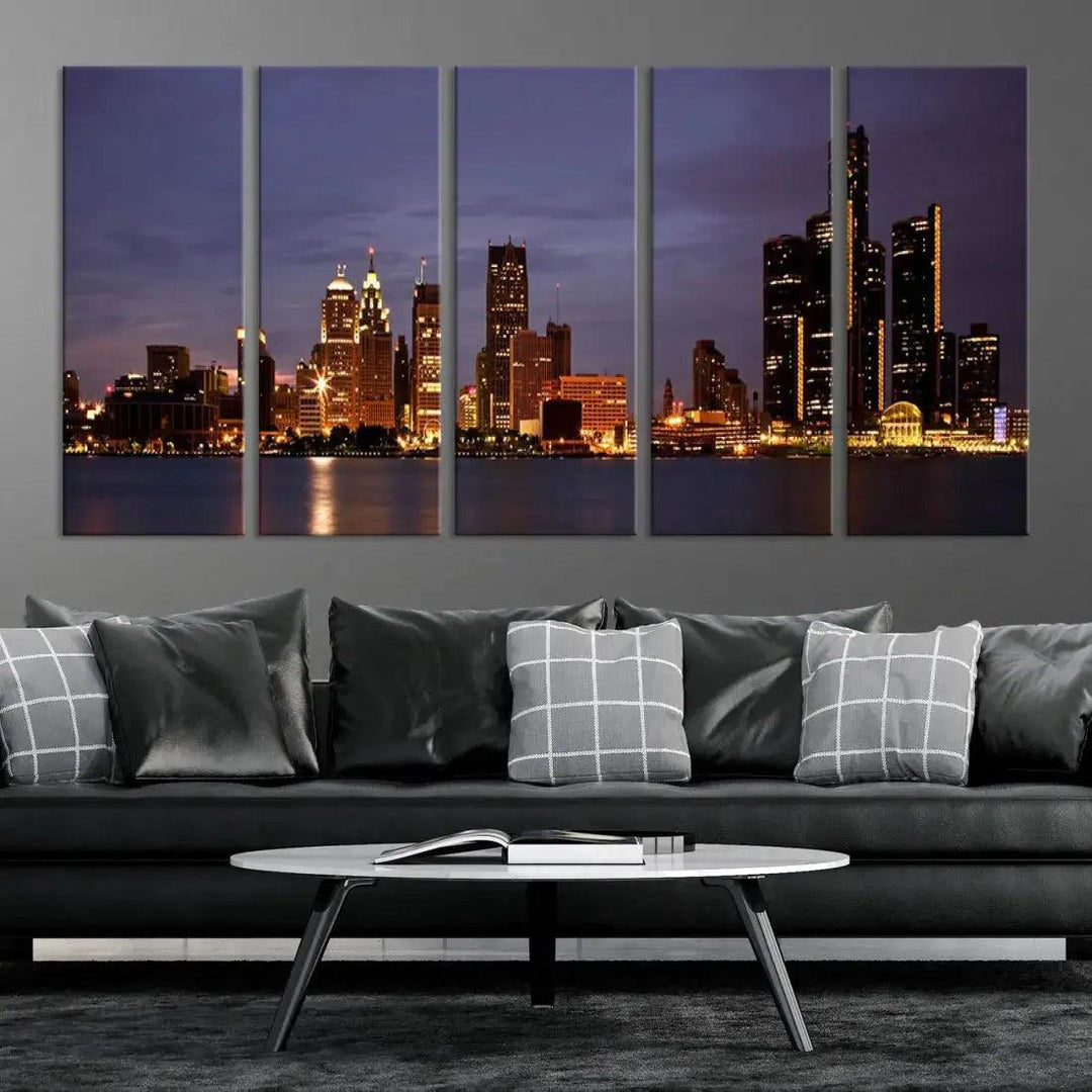 Beautiful Detroit Night Skyline Framed Large Wall Art Canvas Print