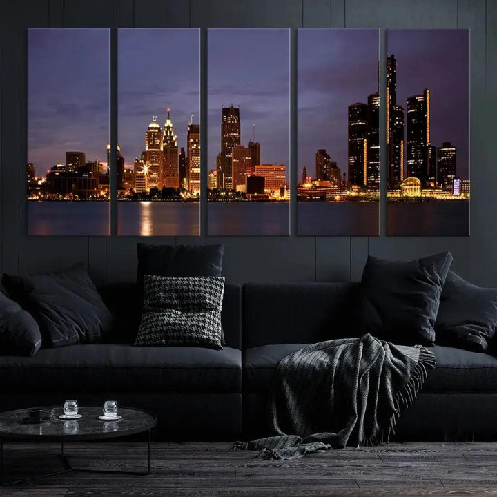 Beautiful Detroit Night Skyline Framed Large Wall Art Canvas Print