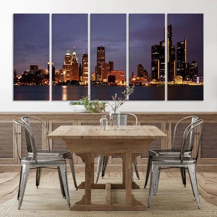 Beautiful Detroit Night Skyline Framed Large Wall Art Canvas Print