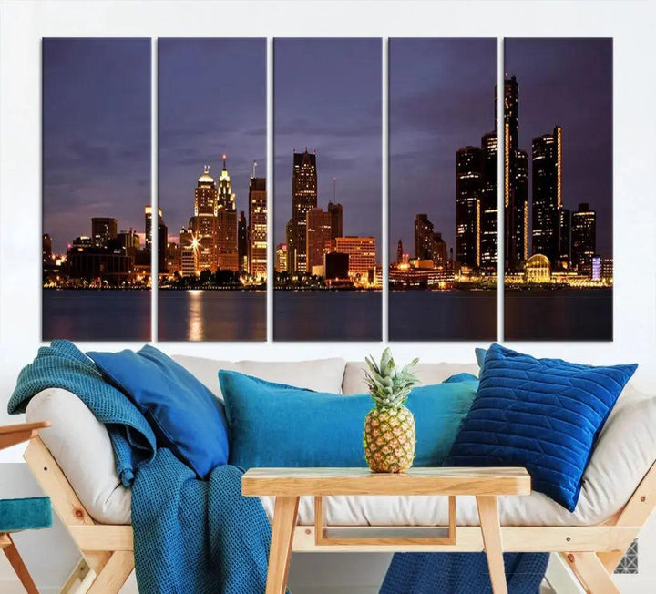 Beautiful Detroit Night Skyline Framed Large Wall Art Canvas Print