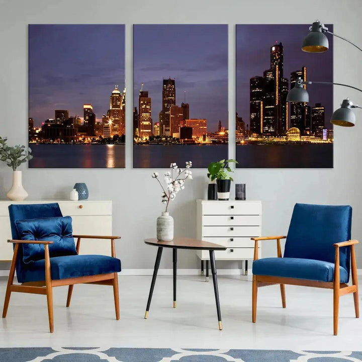 Beautiful Detroit Night Skyline Framed Large Wall Art Canvas Print