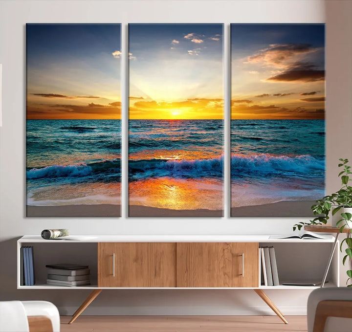 Beautiful Sunset on the Beach Coastal Wall Art Canvas Print for Dining Room Office Decor