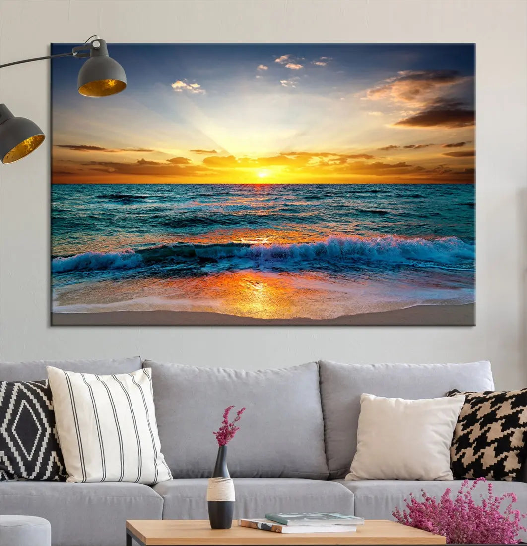 Beautiful Sunset on the Beach Coastal Wall Art Canvas Print for Dining Room Office Decor