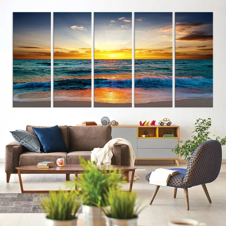 Beautiful Sunset on the Beach Coastal Wall Art Canvas Print for Dining Room Office Decor