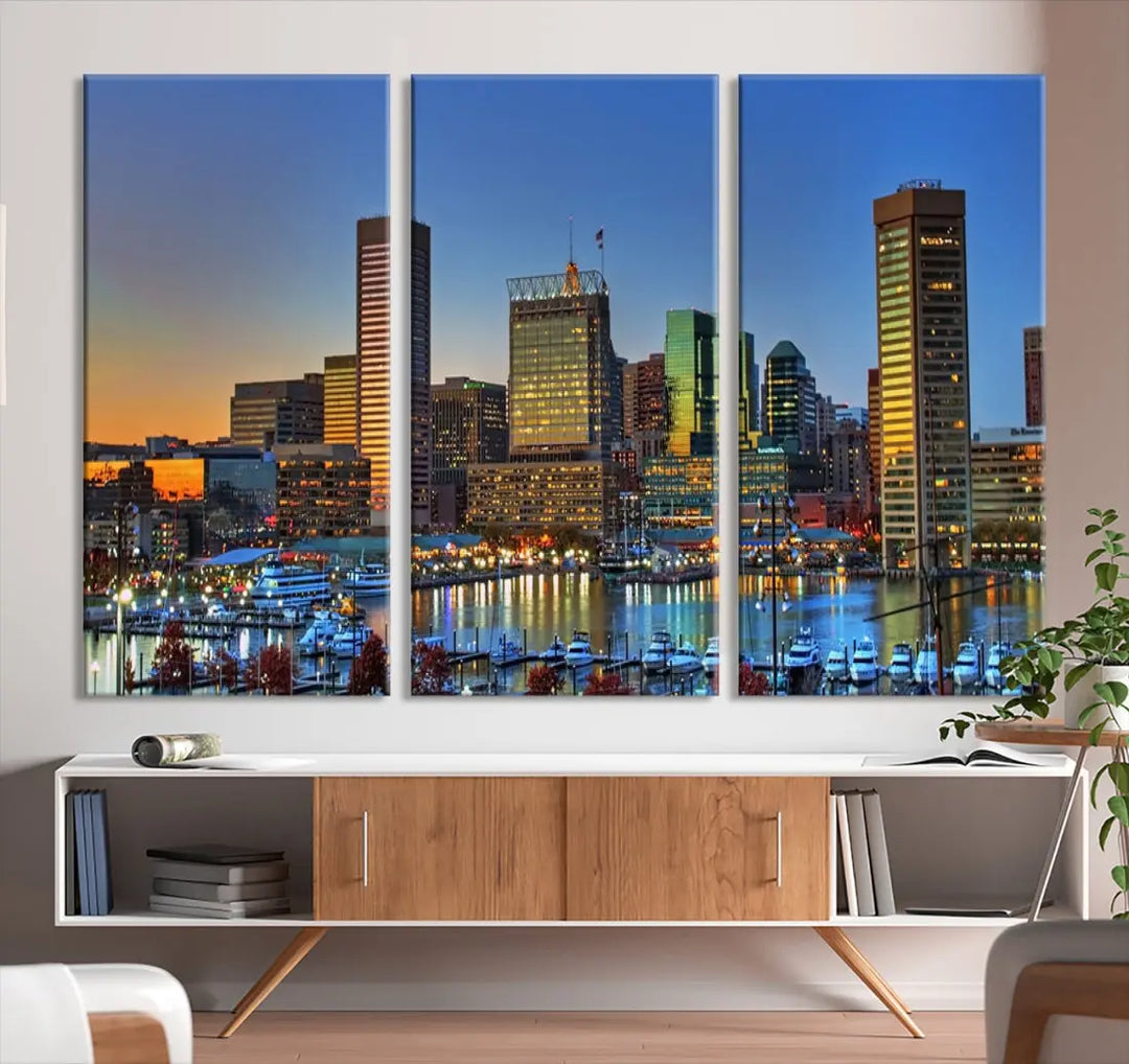 Beautiful Sunset over Baltimore Downtown Skyline Wall Art Print Apartment Decor