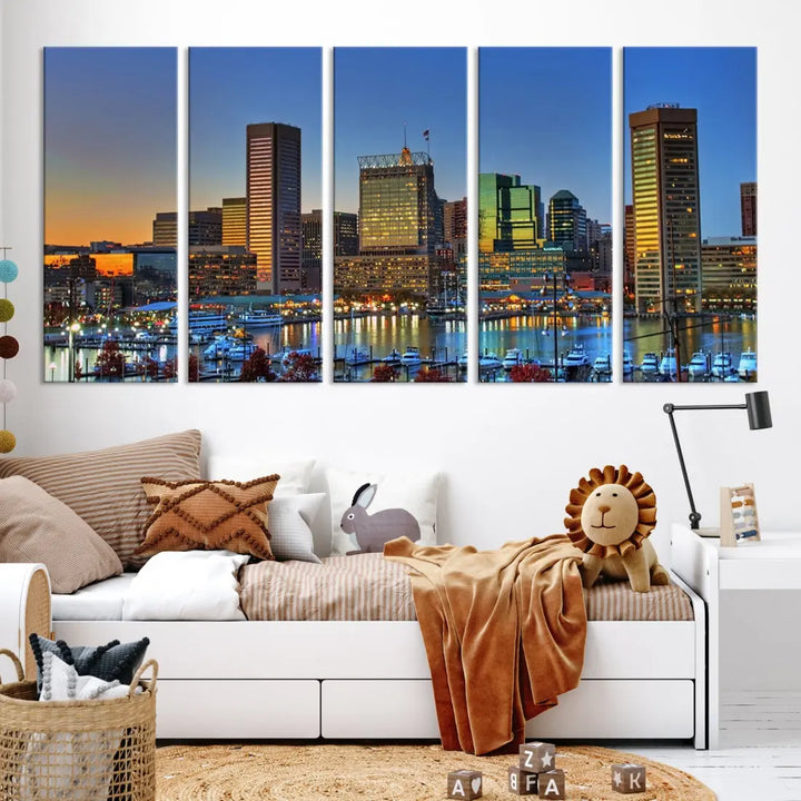 Beautiful Sunset over Baltimore Downtown Skyline Wall Art Print Apartment Decor