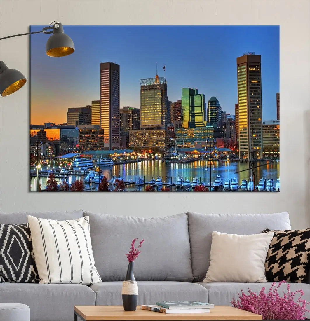 Beautiful Sunset over Baltimore Downtown Skyline Wall Art Print Apartment Decor