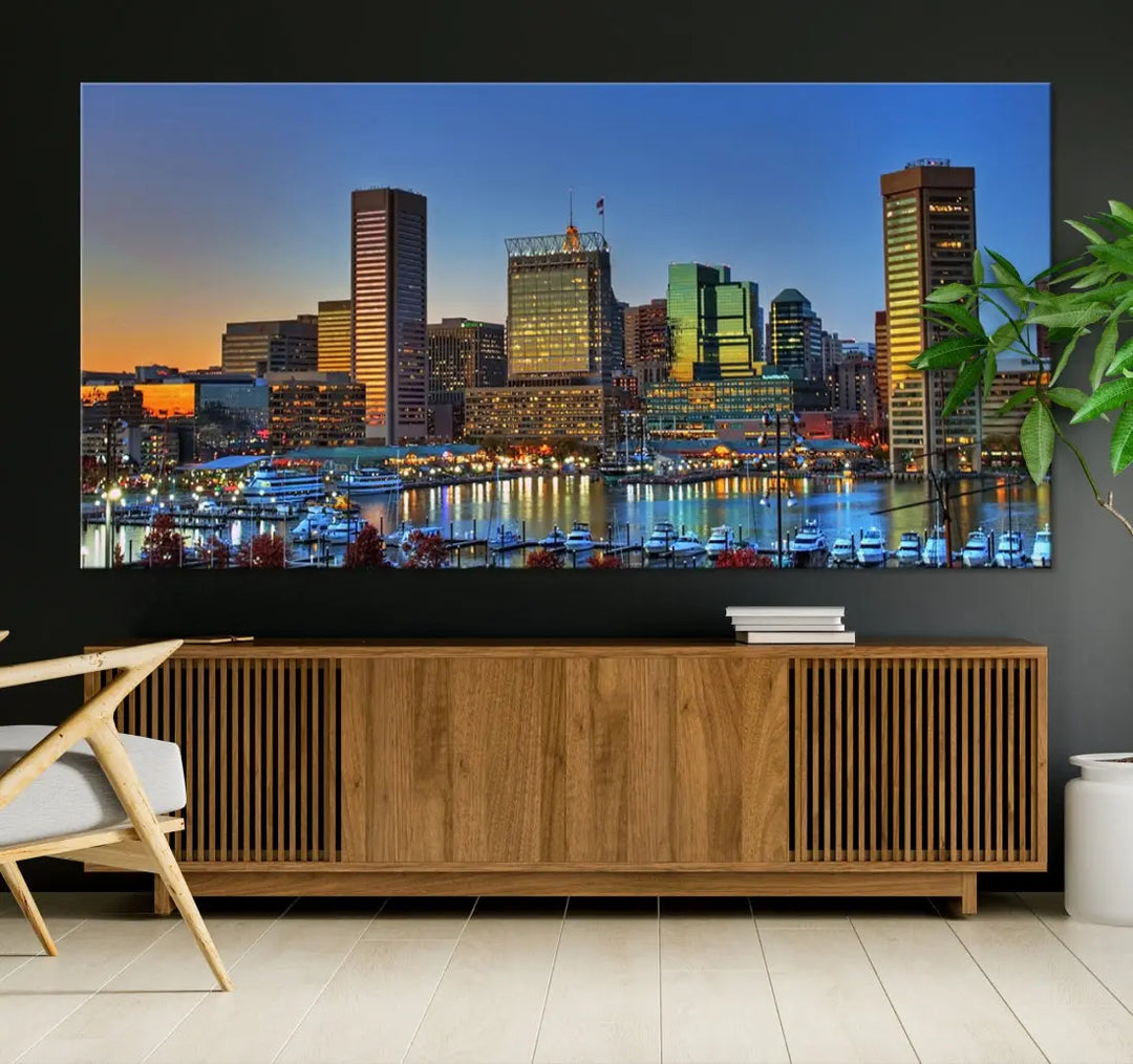 Beautiful Sunset over Baltimore Downtown Skyline Wall Art Print Apartment Decor