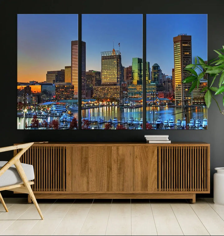 Beautiful Sunset over Baltimore Downtown Skyline Wall Art Print Apartment Decor