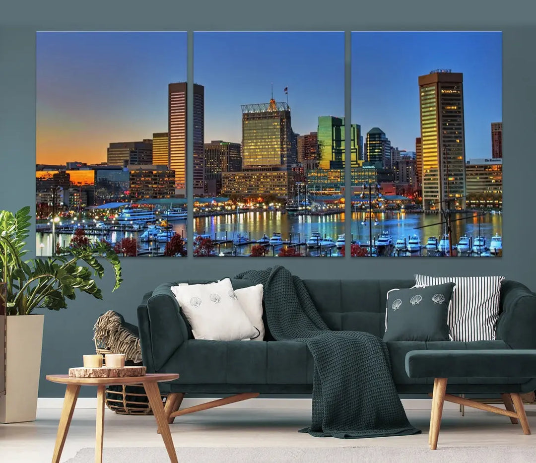 Beautiful Sunset over Baltimore Downtown Skyline Wall Art Print Apartment Decor