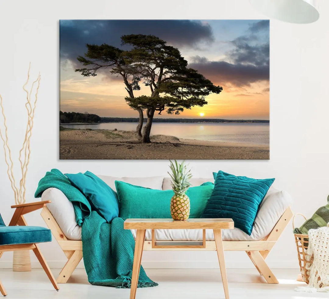 Big Tree Beach Coastal Sunset Wall Art Canvas Print Framed