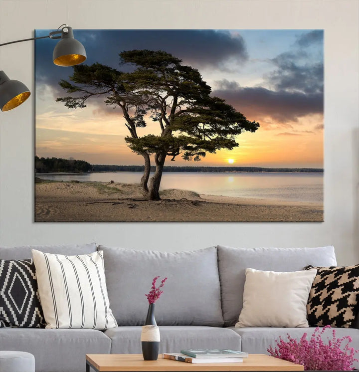 Big Tree Beach Coastal Sunset Wall Art Canvas Print Framed