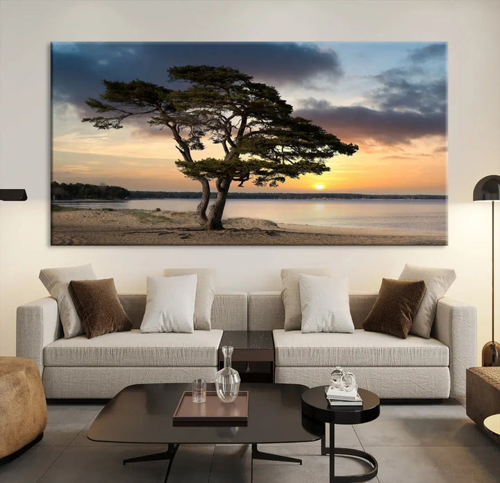 Big Tree Beach Coastal Sunset Wall Art Canvas Print Framed