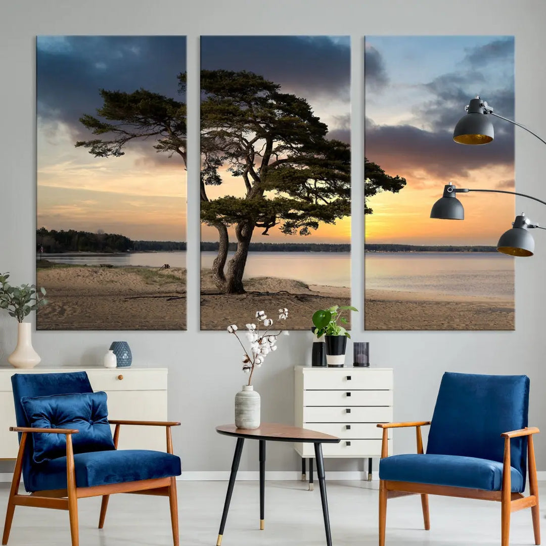 Big Tree Beach Coastal Sunset Wall Art Canvas Print Framed