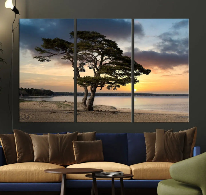 Big Tree Beach Coastal Sunset Wall Art Canvas Print Framed