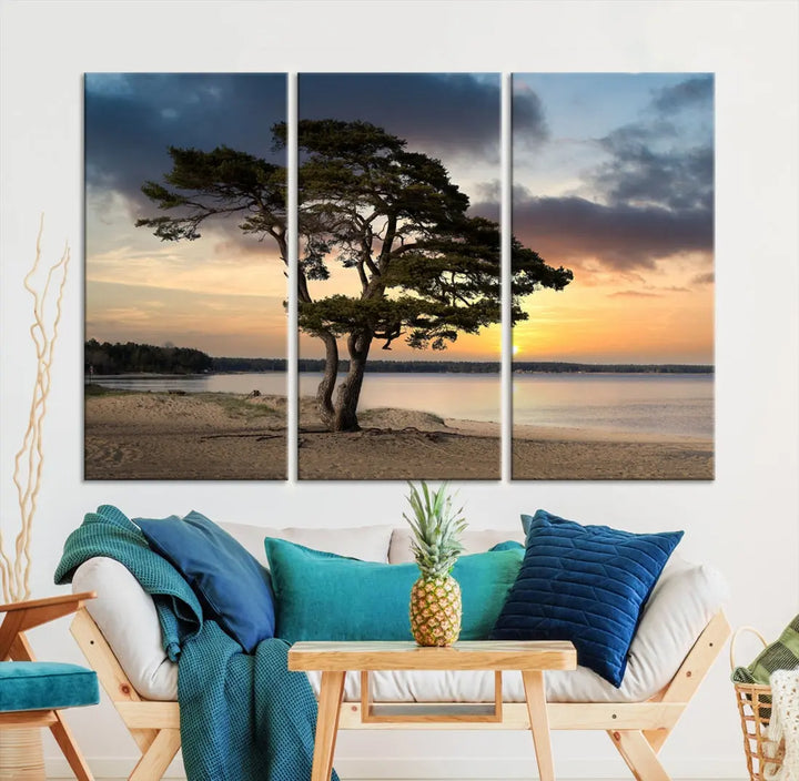 Big Tree Beach Coastal Sunset Wall Art Canvas Print Framed