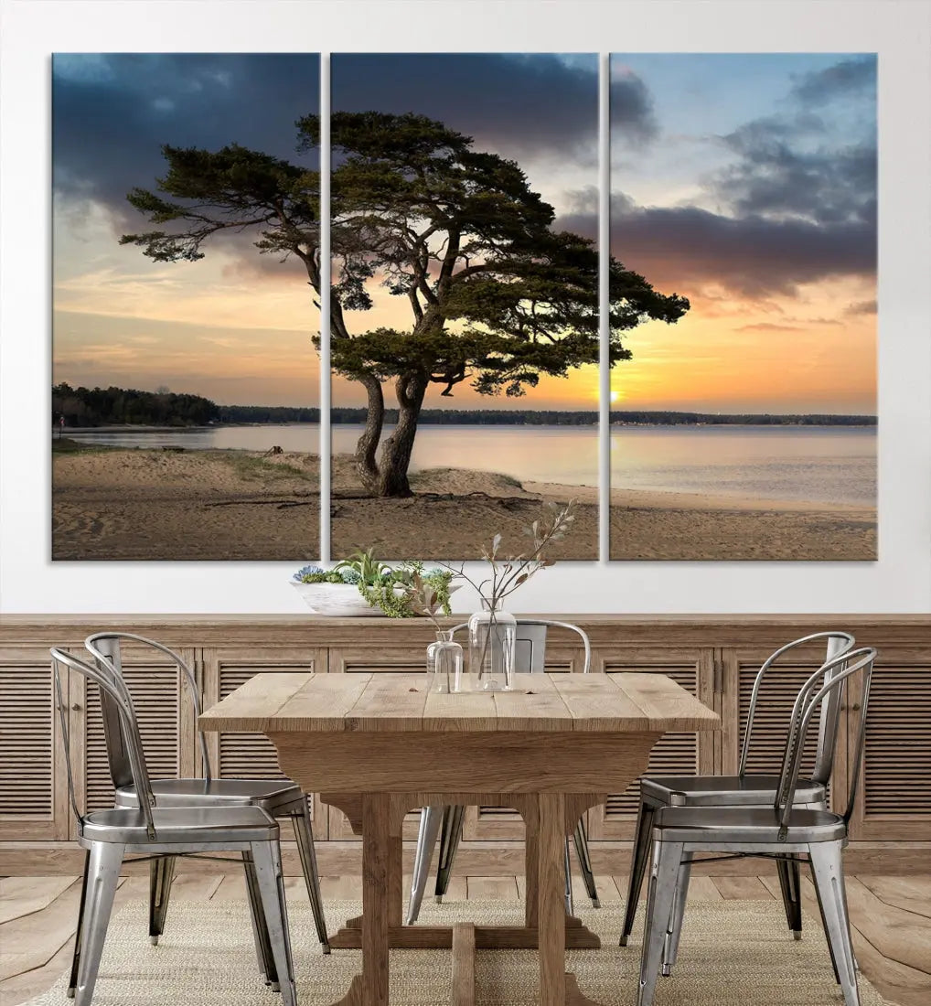 Big Tree Beach Coastal Sunset Wall Art Canvas Print Framed